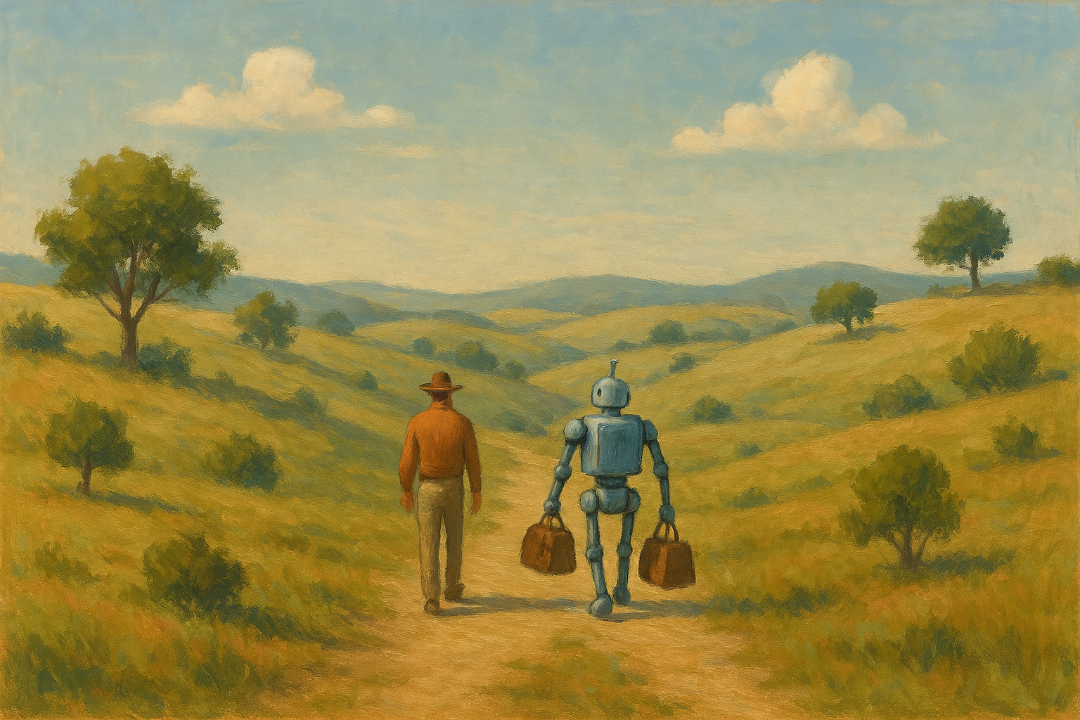 Two abstract figures in a green landscape carrying briefcases, representing business assistance.
