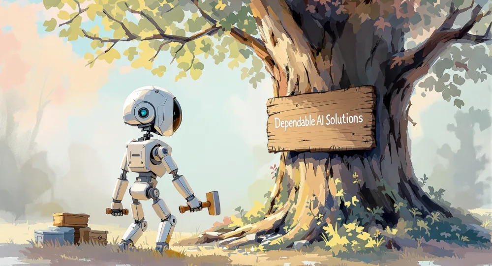 Cute robot putting up a Dependable AI Solutions sign on a tree
